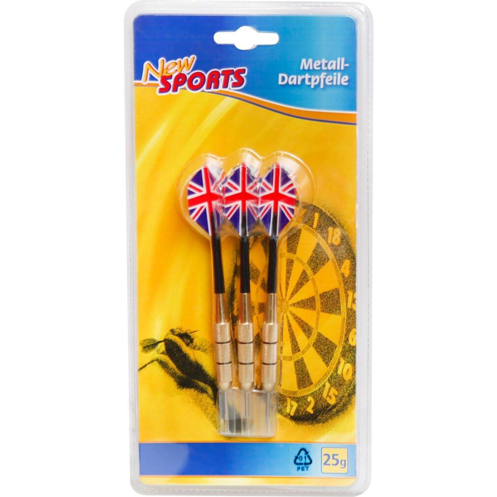 Dardi in confezione blister. Tre frecce con design Union Jack. Punte metalliche. Motivo bersaglio stampato. Marca: New Sports.