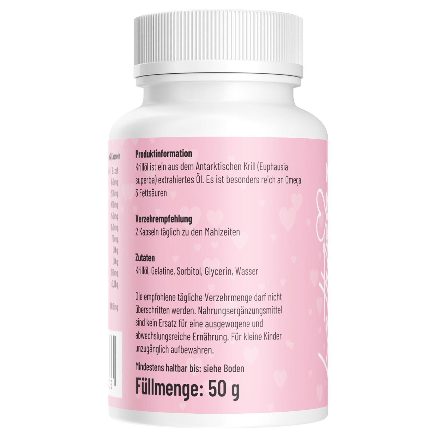 Retro del flacone. Etichetta rosa. Informazioni sul prodotto, ingredienti, raccomandazioni per l'uso, scadenza. Contenuto: 50 g.