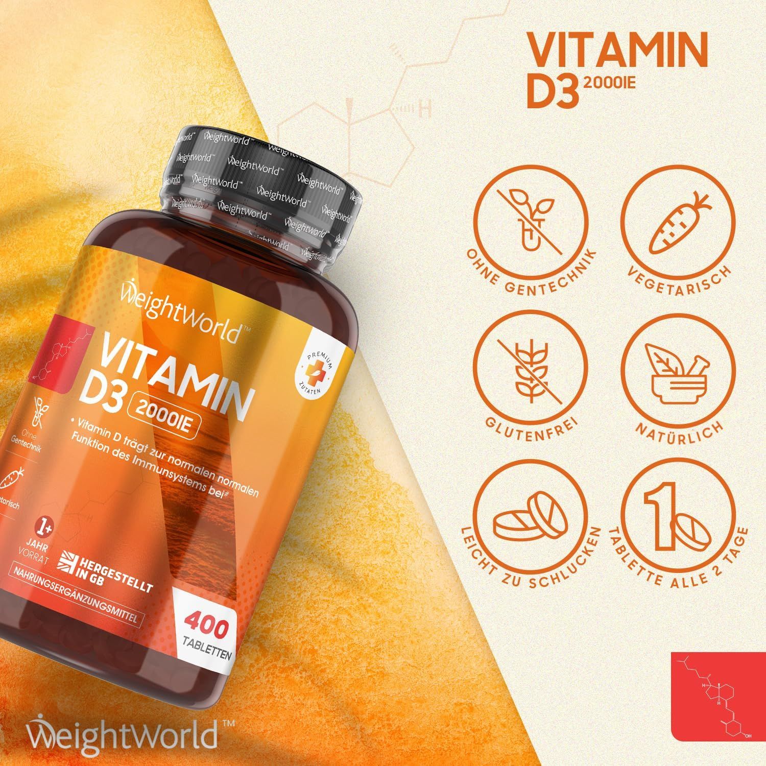 Flacone di vitamina D3 2000IE. Testo: Senza OGM, vegetariano, senza glutine, naturale. 400 compresse. Facile da deglutire.
