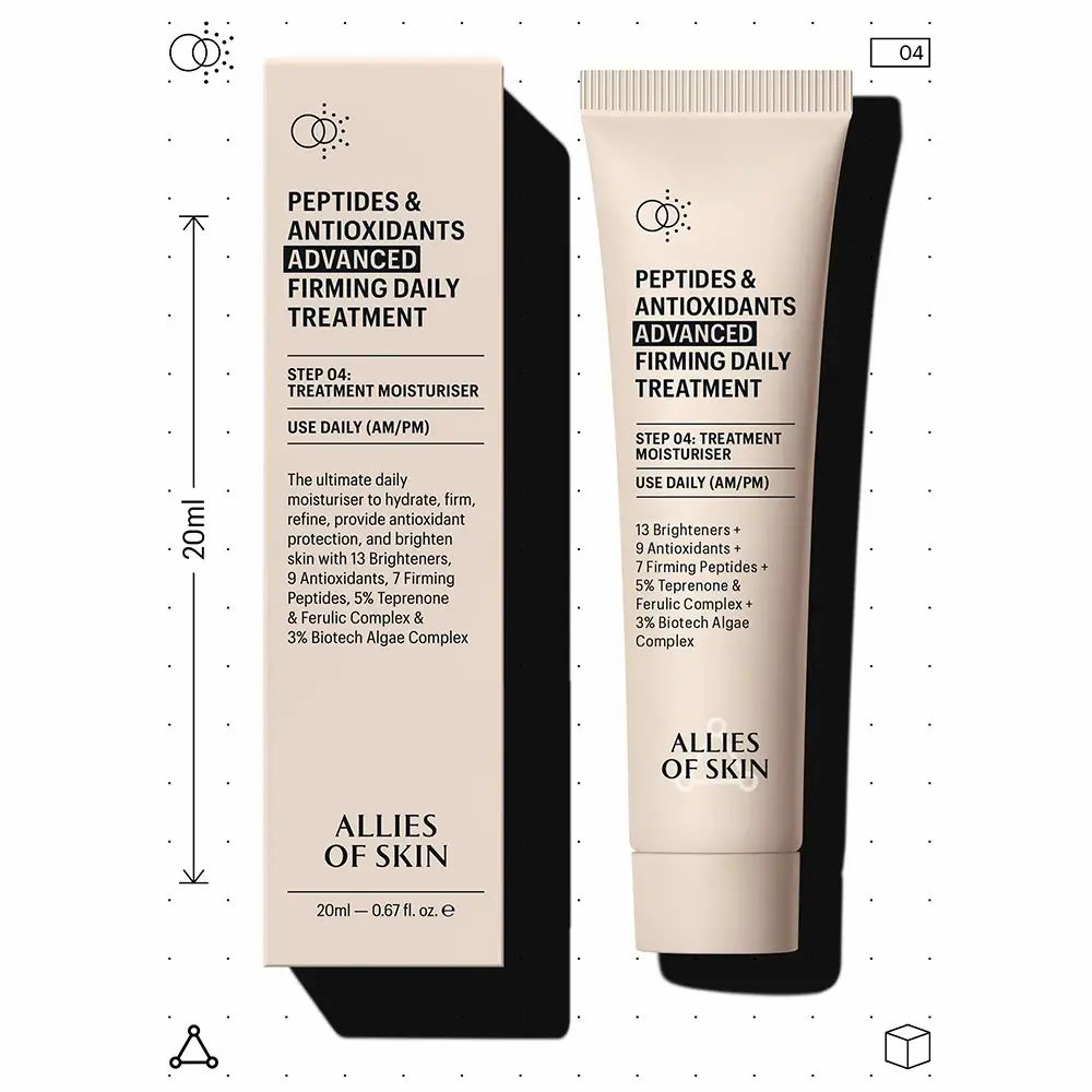 Tubo beige e confezione con testo: Peptides & Antioxidants, Advanced Firming Daily Treatment. Marchio: ALLIES OF SKIN. 20ml. Dimensioni.