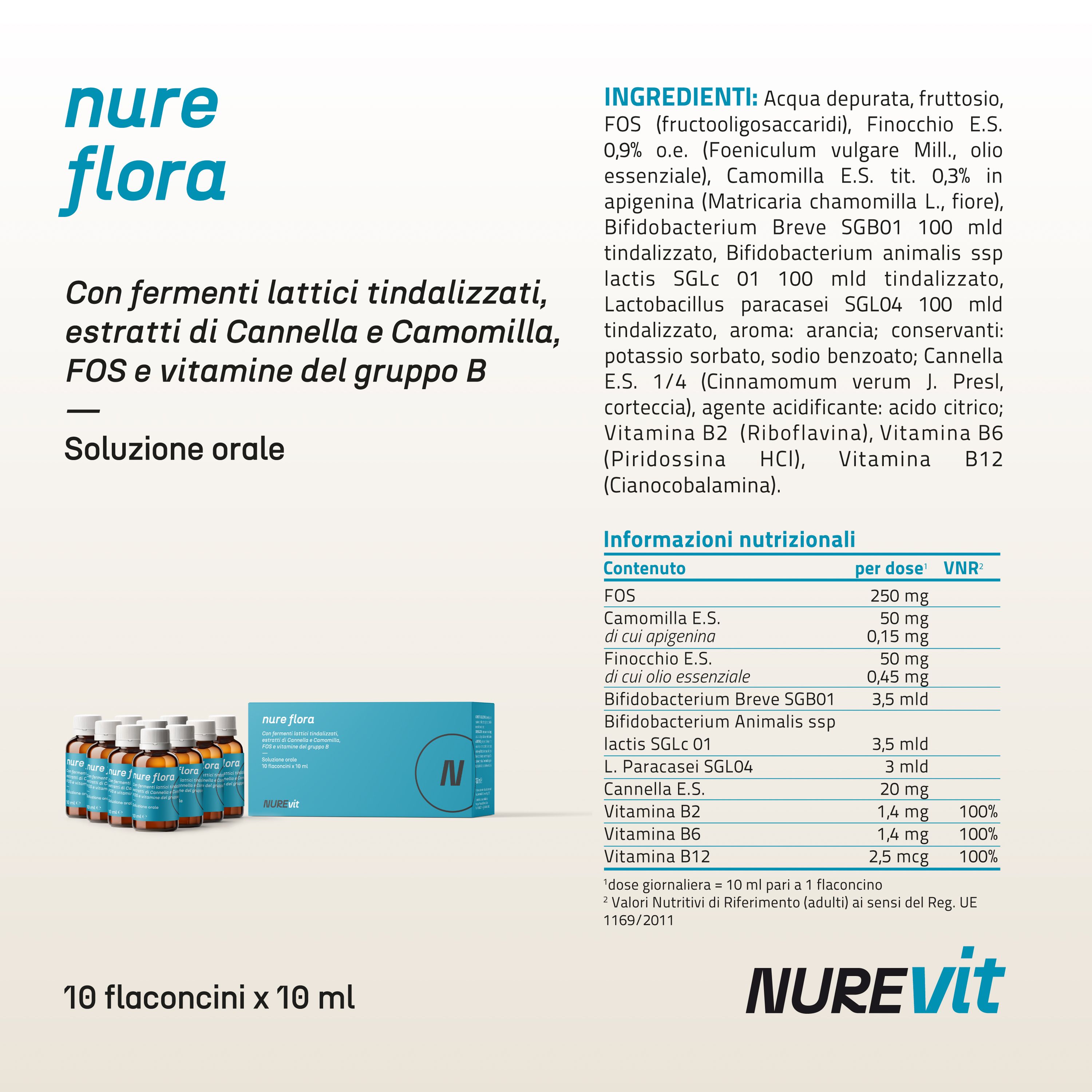 NURE Flora Soluzione Orale 10 Flaconi da 10 ml |Integratore per l'Equilibrio della Flora Intestinale