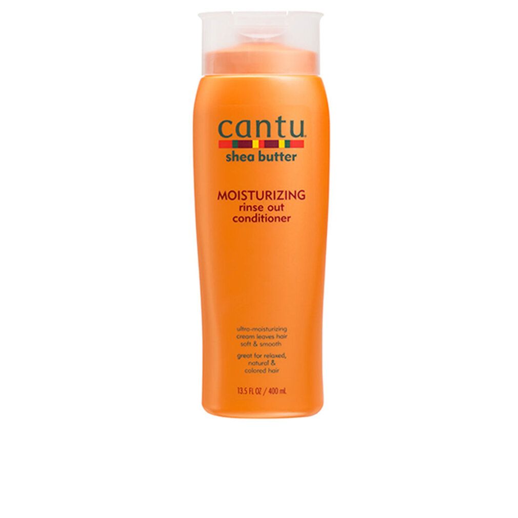 Flacone arancione con etichetta Cantu Shea Butter Moisturizing Rinse Out Conditioner. Contiene 13,5 fl oz / 400 ml.
