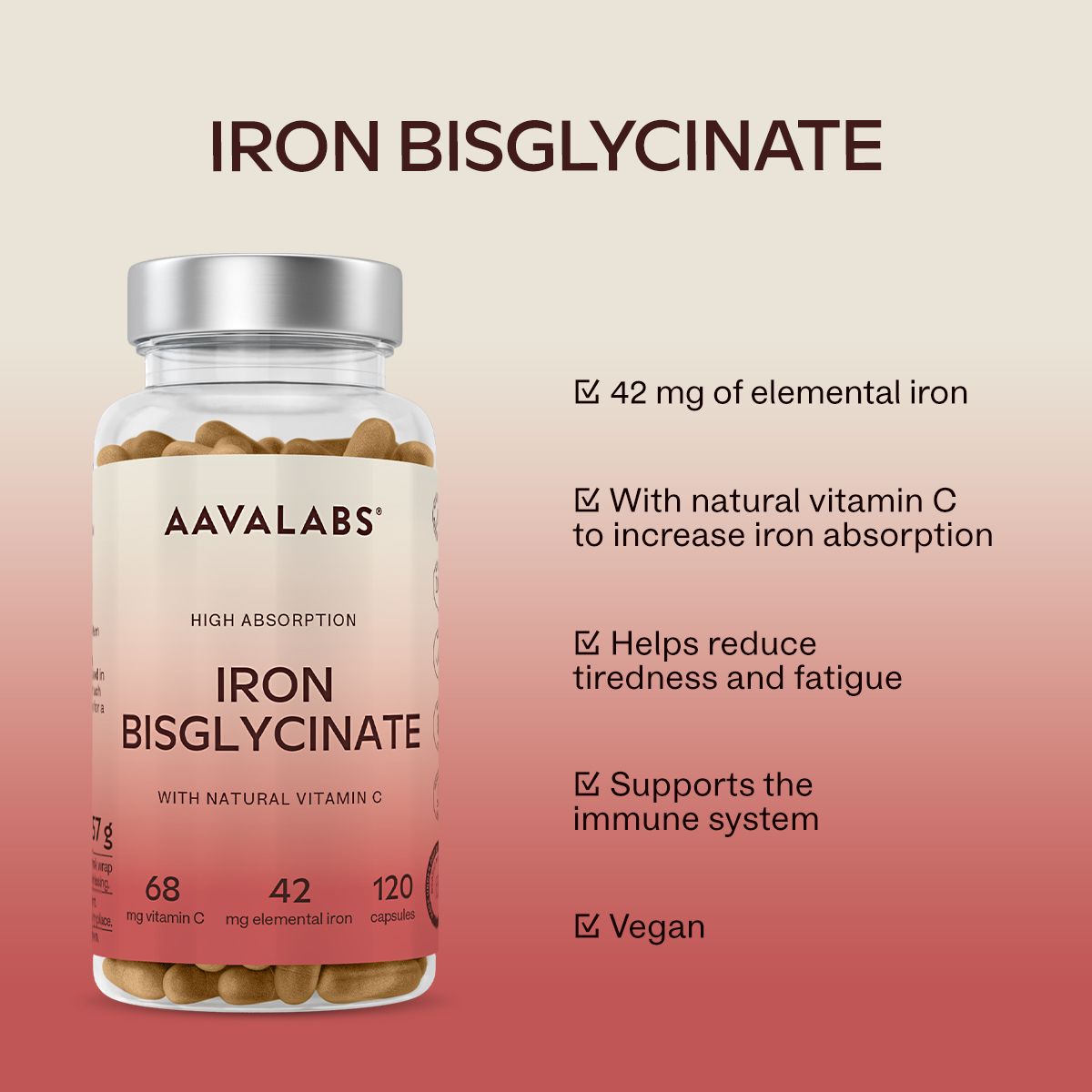 Capsule Aavalabs Iron Bisglycinate. Scritta: 42 mg ferro, vitamina C, riduce la stanchezza, supporta il sistema immunitario.