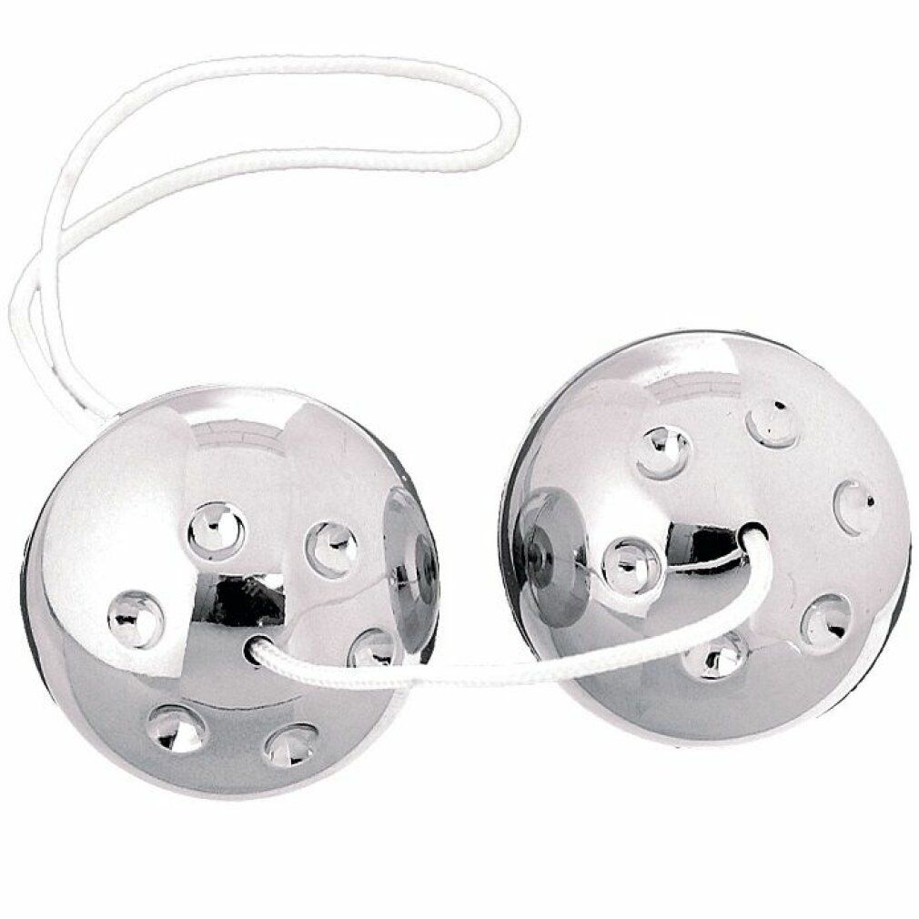 Due sfere metalliche collegate da un cordino. Ogni sfera ha piccole rientranze.