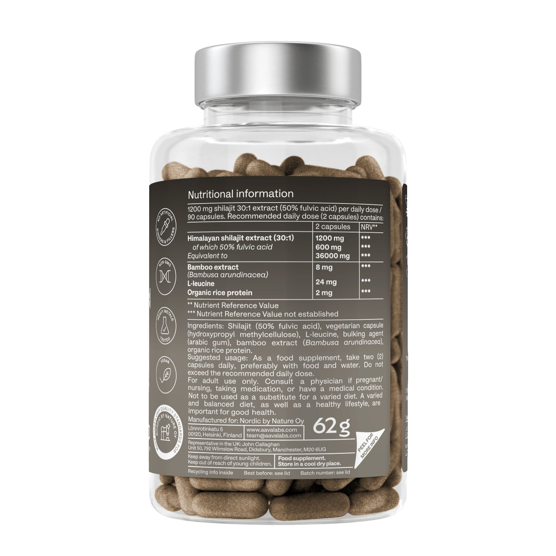 Retro di un flacone di capsule marroni. Etichetta con informazioni nutrizionali e ingredienti.