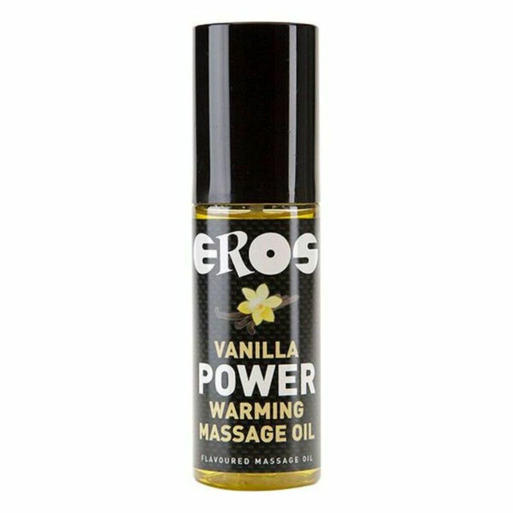 Flacone cilindrico con tappo nero. Scritta: EROS, VANILLA POWER, WARMING MASSAGE OIL. Liquido giallo visibile.