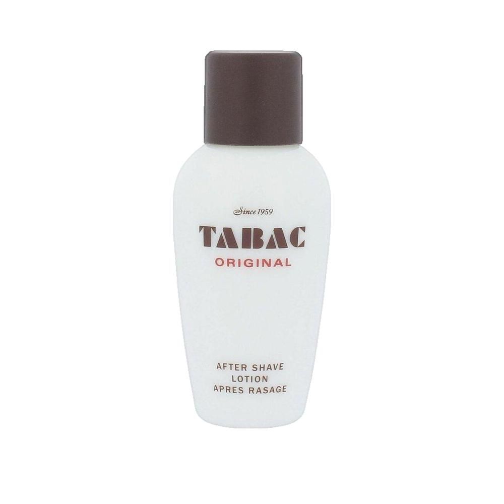 Flacone bianco con tappo marrone. Scritta: TABAC ORIGINAL, After Shave Lotion.