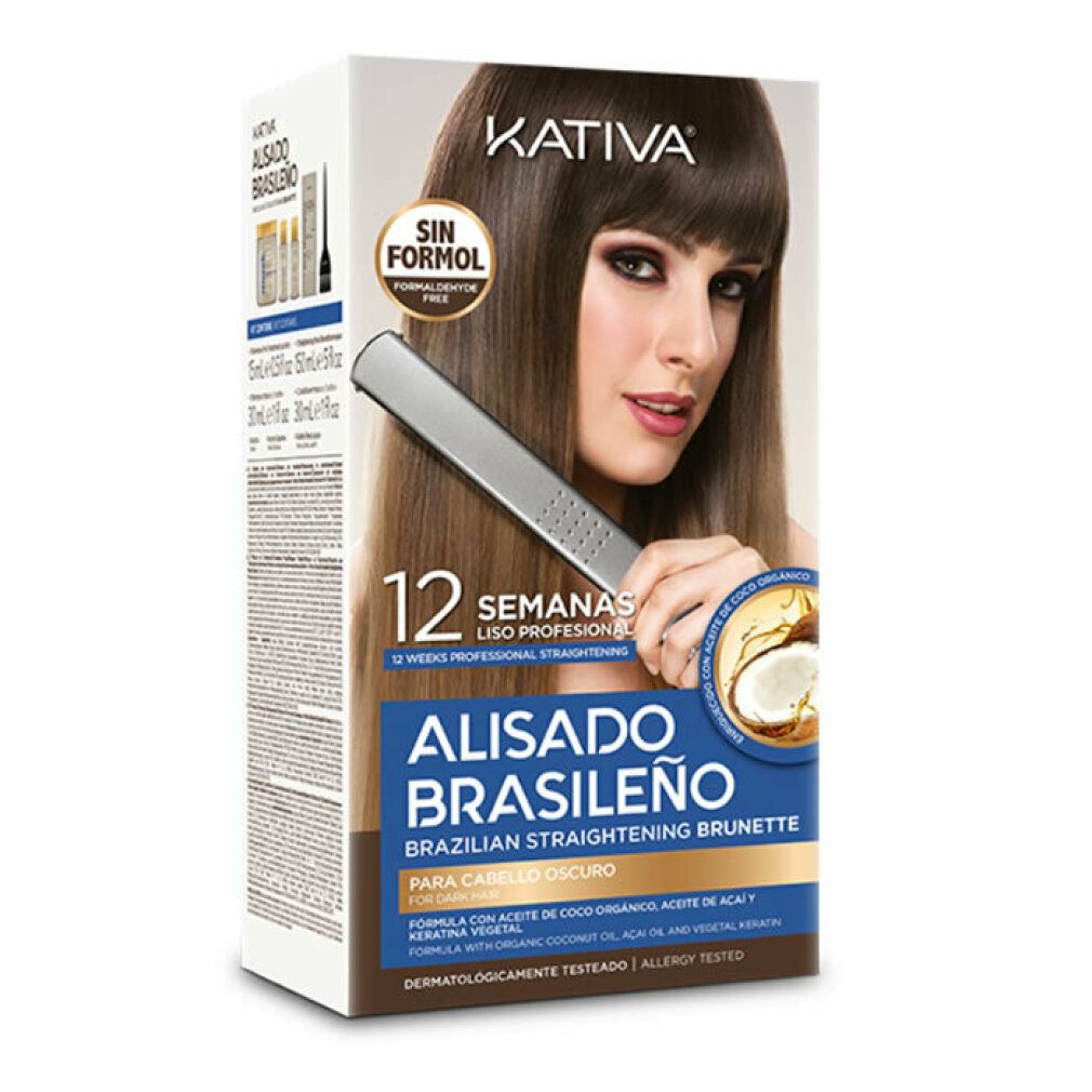 Scatola Kativa con immagine del prodotto e donna con capelli lisci. Testo: 'Alisado Brasileño', 'Sin Formol'.