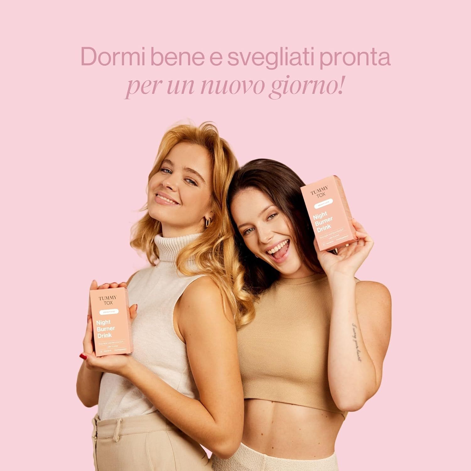 Due donne che tengono ciascuna una scatola Night Burner Drink. Testo: Dormi come un bambino e svegliati riposato!