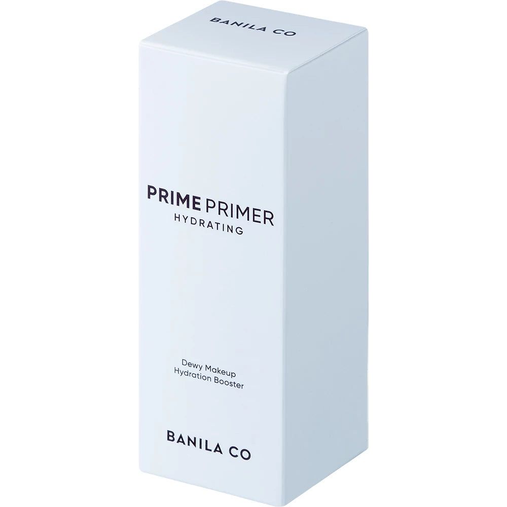 Confezione prodotto bianca. Scritta: PRIME PRIMER HYDRATING, BANILA CO. Con testo: Dewy Makeup Hydration Booster.