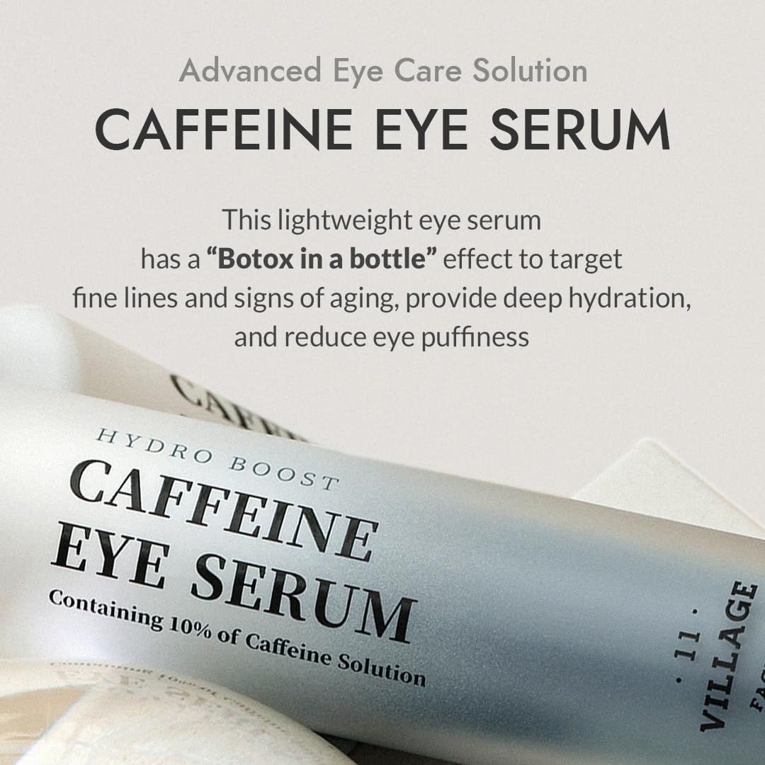 Primo piano del prodotto. Testo: Hydro Boost Caffeine Eye Serum. Contiene il 10% di soluzione di caffeina. Testo: Advanced Eye Care Solution.