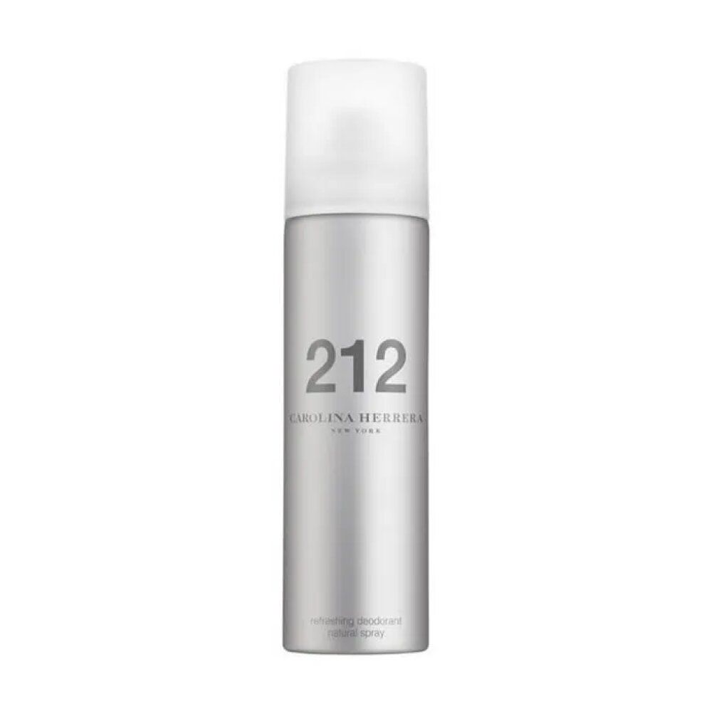 Spray deodorante naturale, flacone argento con tappo bianco. Scritta: 212, Carolina Herrera New York, Deodorant Natural Spray.