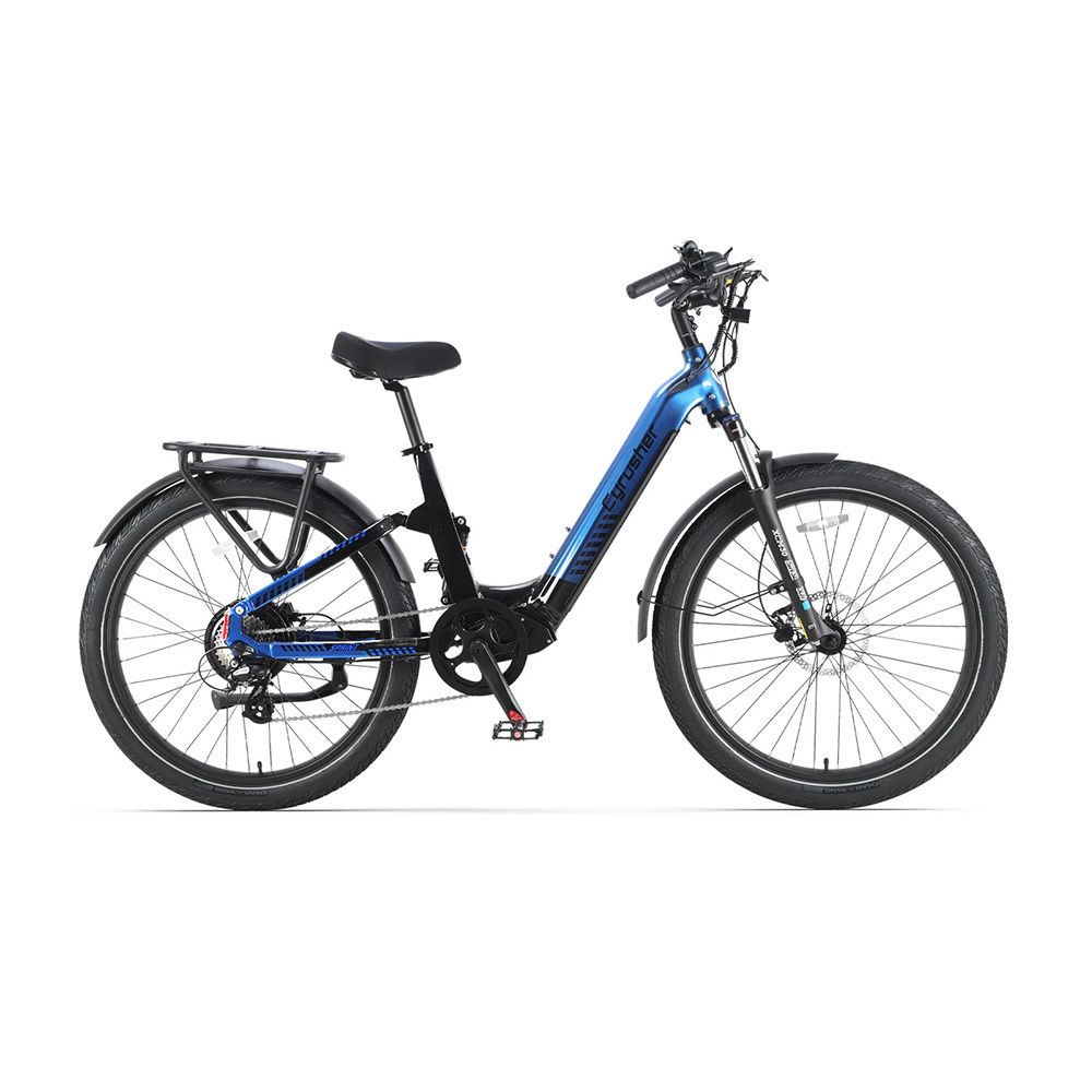 E-bike blu e nero. Parafanghi, portapacchi, 8 velocità. Cyrusher Sprint.