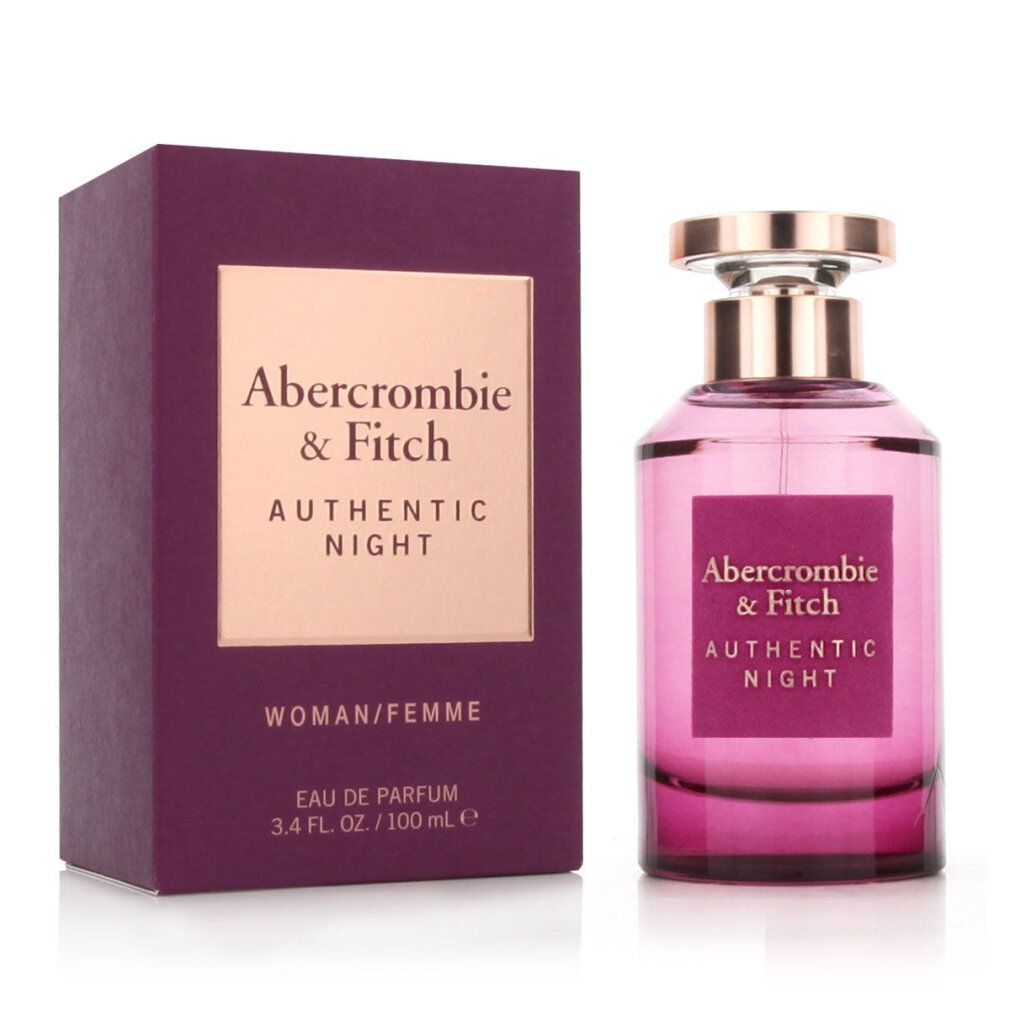 Flacone e scatola Abercrombie & Fitch Authentic Night. Flacone viola con tappo dorato. Scatola con logo e testo.