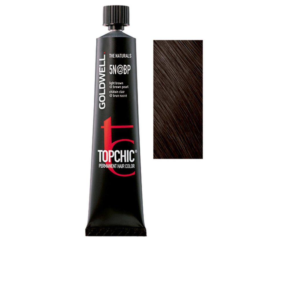 Tubo di tinta per capelli Goldwell Topchic 5N@bp. Ciocca di colore accanto. Tubo nero con testo rosso. Scritto: Light brown dir brown pearl.