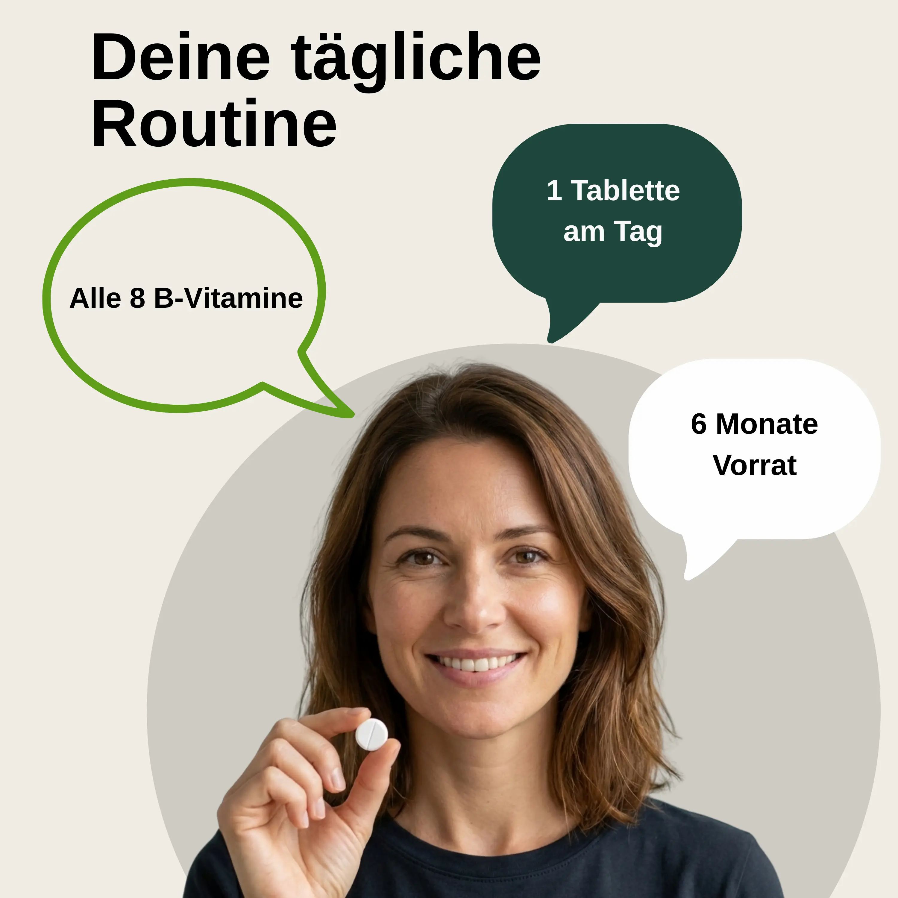Donna che tiene una compressa, mostra la routine quotidiana con tutte le 8 vitamine B per 6 mesi di scorta.