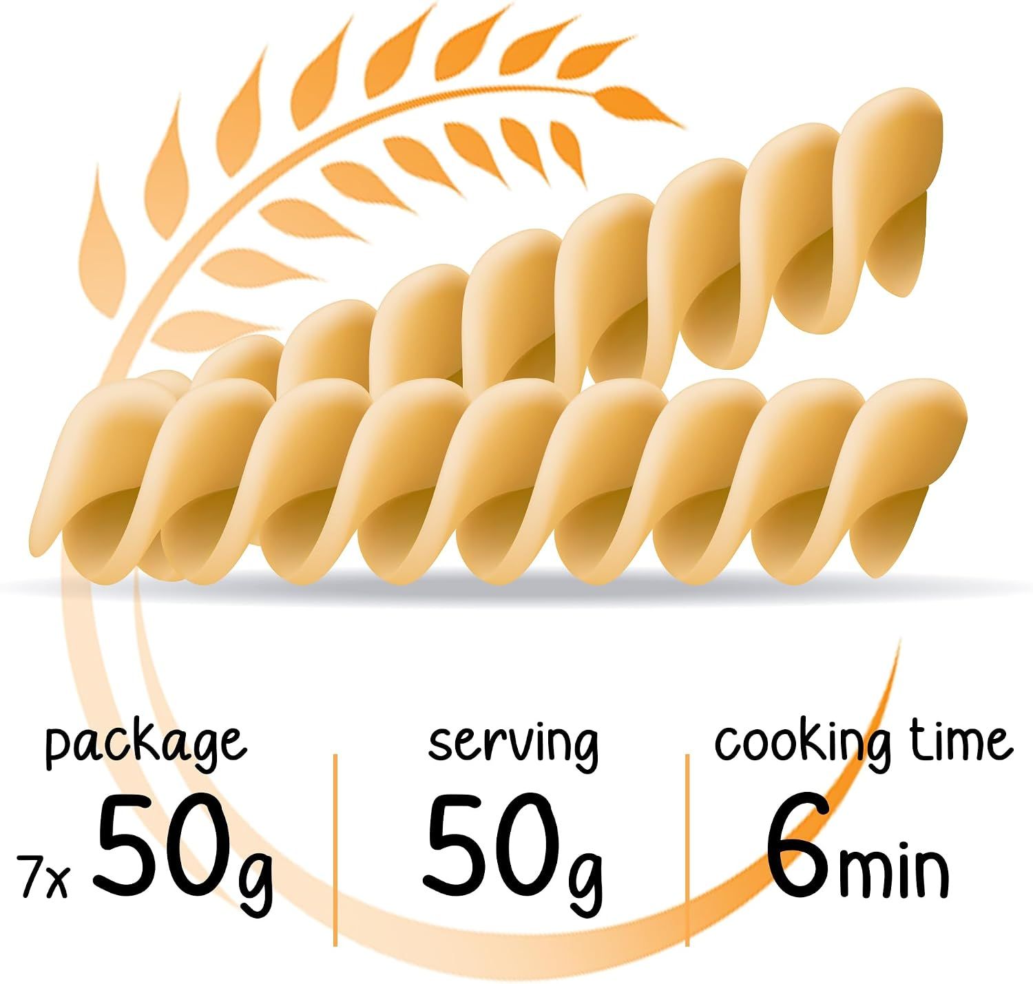 Pasta Keto Fusilli confezione, 50g netti, cottura 6-7 minuti.