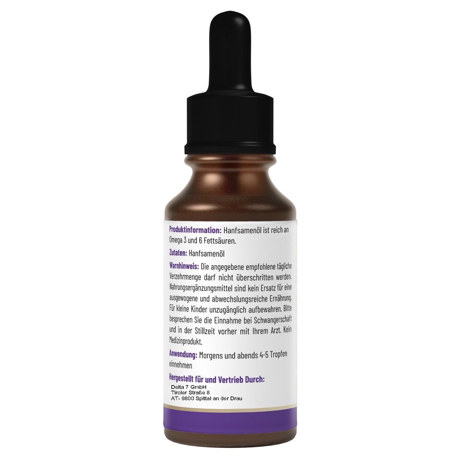 Retro del flacone "Keto Burn Tropfen". Testo: Olio di semi di canapa ricco di Omega 3 & 6. Uso: 4-5 gocce. Prodotto per e da.