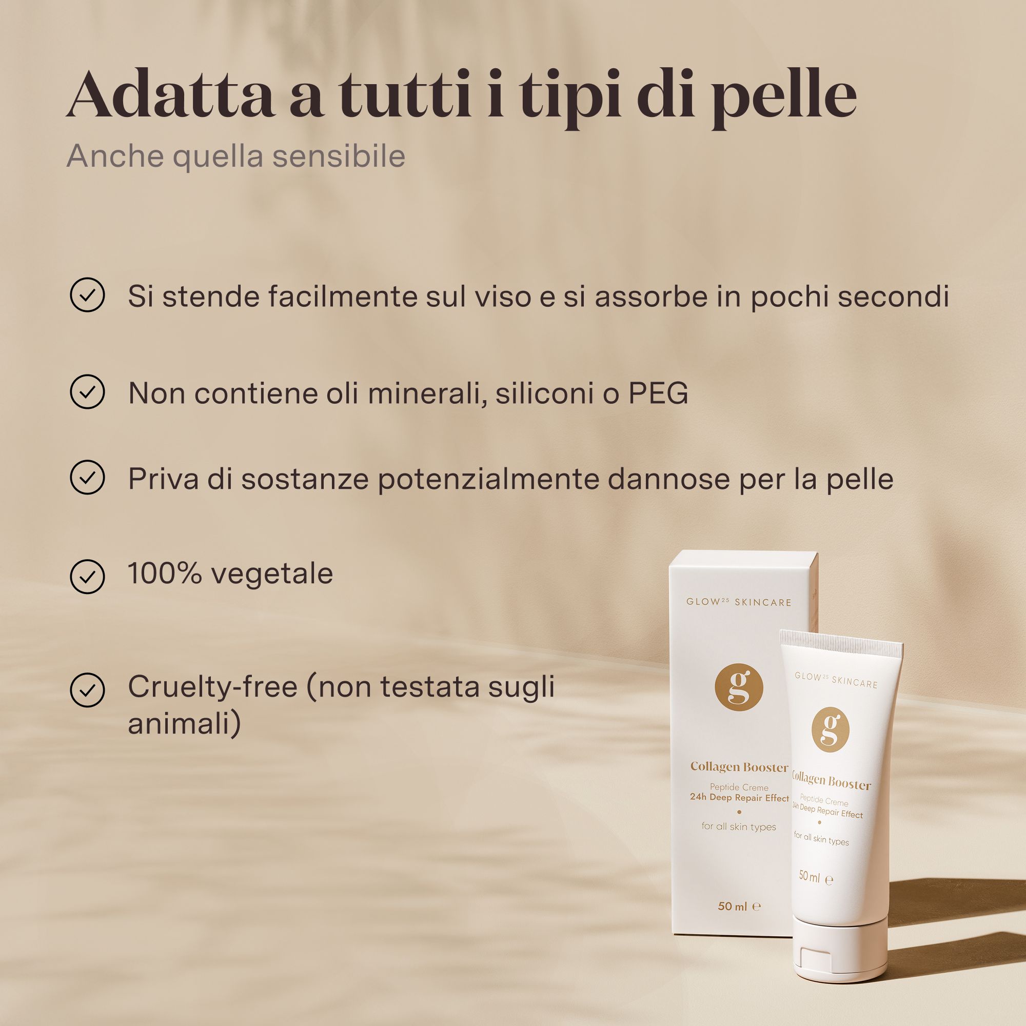 Crema e confezione. Testo: Adatta a tutti i tipi di pelle, senza oli minerali, siliconi, PEG, 100% vegetale, cruelty-free.