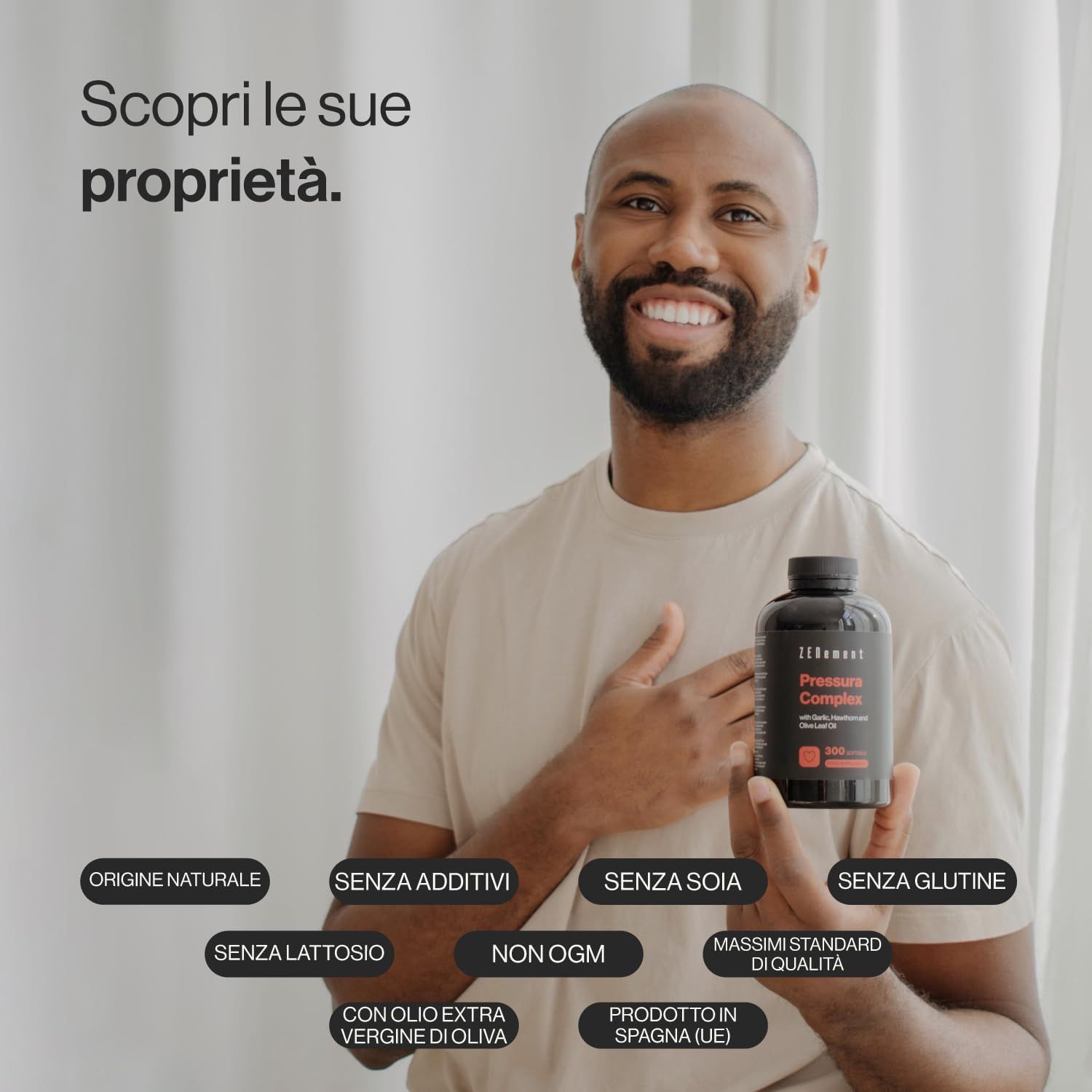 Uomo tiene in mano un flacone nero con etichetta rossa. Scritta: Zenement Pressura Complex. Testi: Senza additivi, glutine, soia, lattosio, OGM.