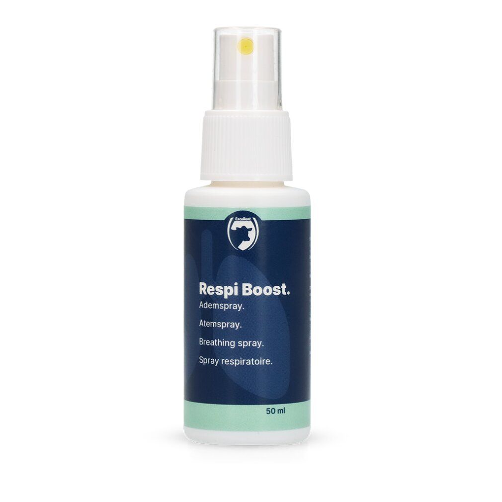 Flacone spray bianco con etichetta blu. Scritta: Respi Boost, spray respiratorio, 50 ml.