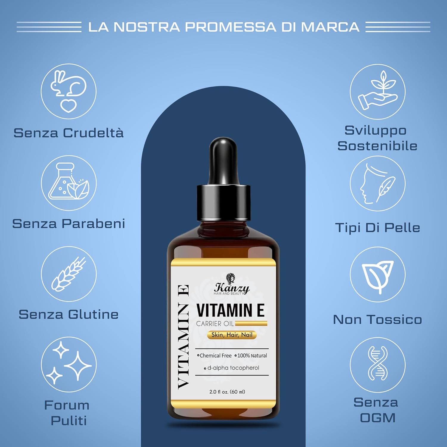Flacone marrone di olio di vitamina E con loghi: senza crudeltà, senza parabeni, senza glutine, formule pulite, sostenibile.