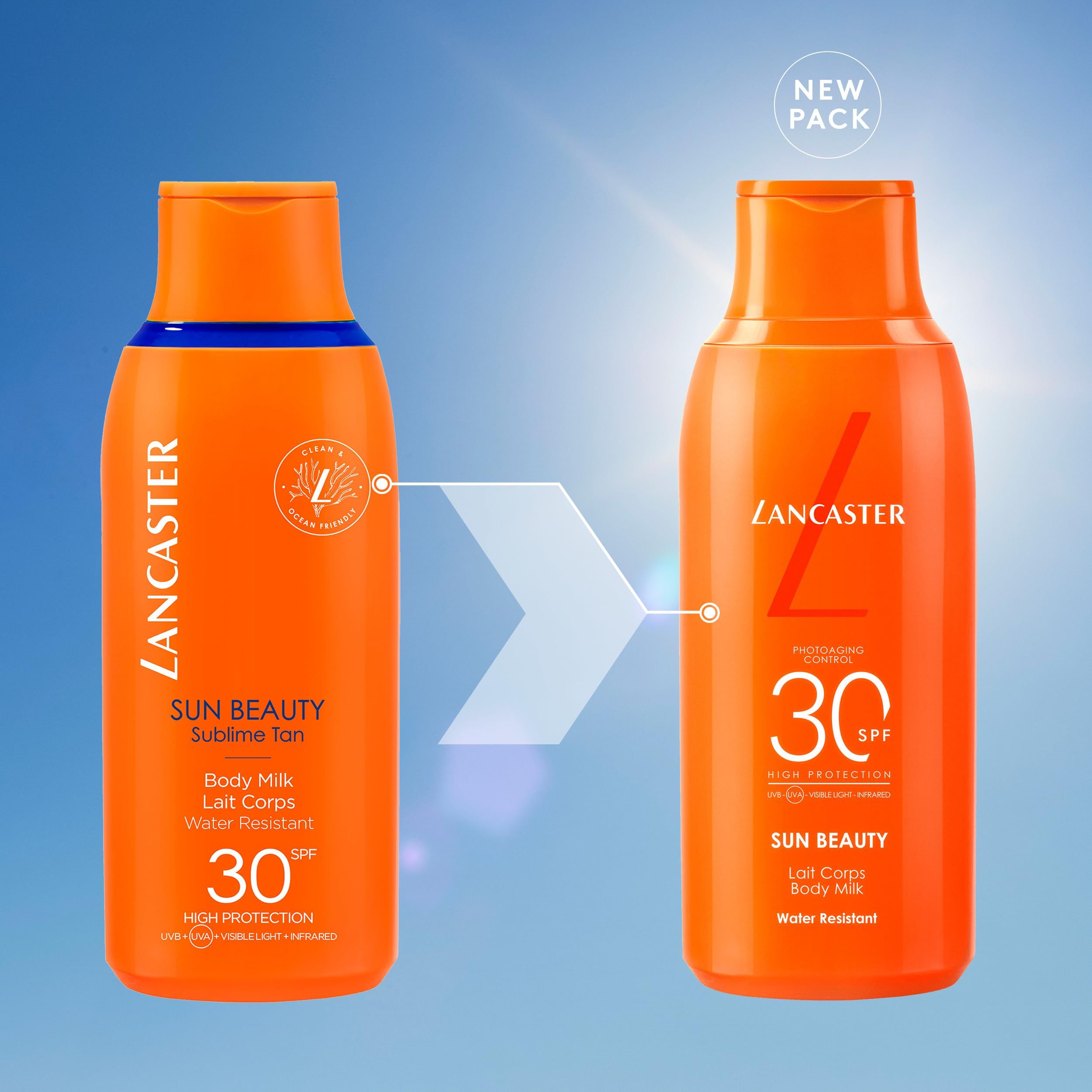 Due flaconi arancioni. Testo: Lancaster, Sun Beauty, Sublime Tan, Body Milk, Water Resistant, SPF 30, New Pack.