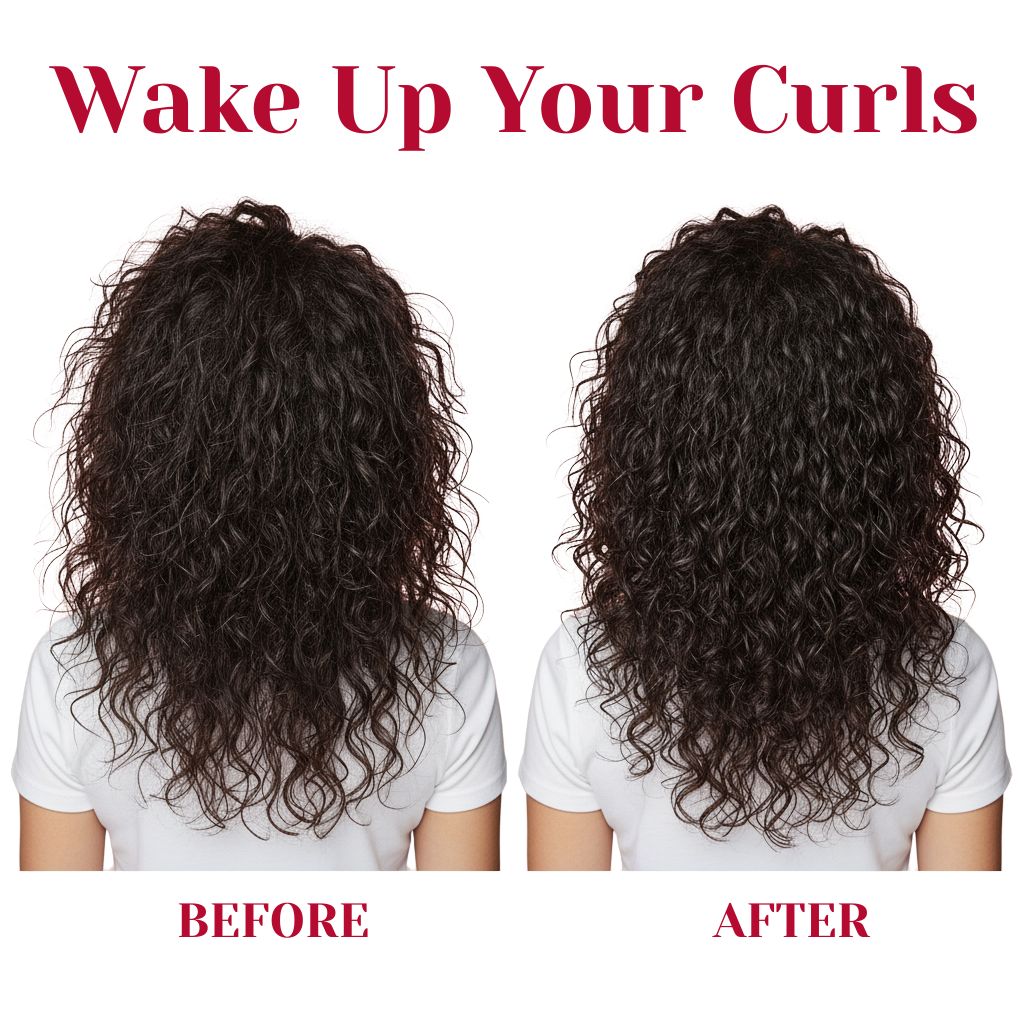 Due acconciature, una con capelli ricci, una con ricci definiti. Testo: Wake Up Your Curls, Before, After.
