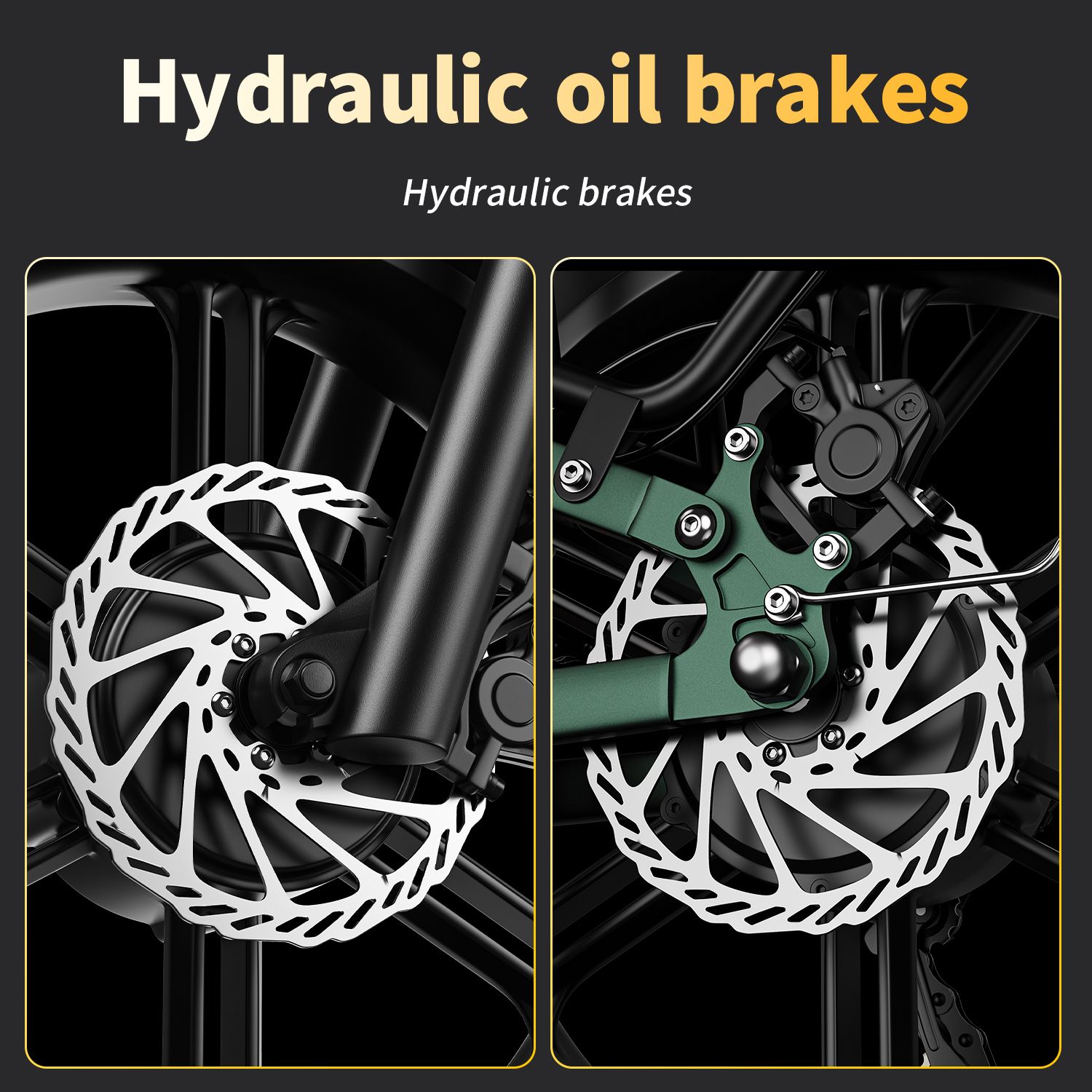 Primo piano dei freni a disco idraulici di una bici elettrica. Testo: "Hydraulic oil brakes".