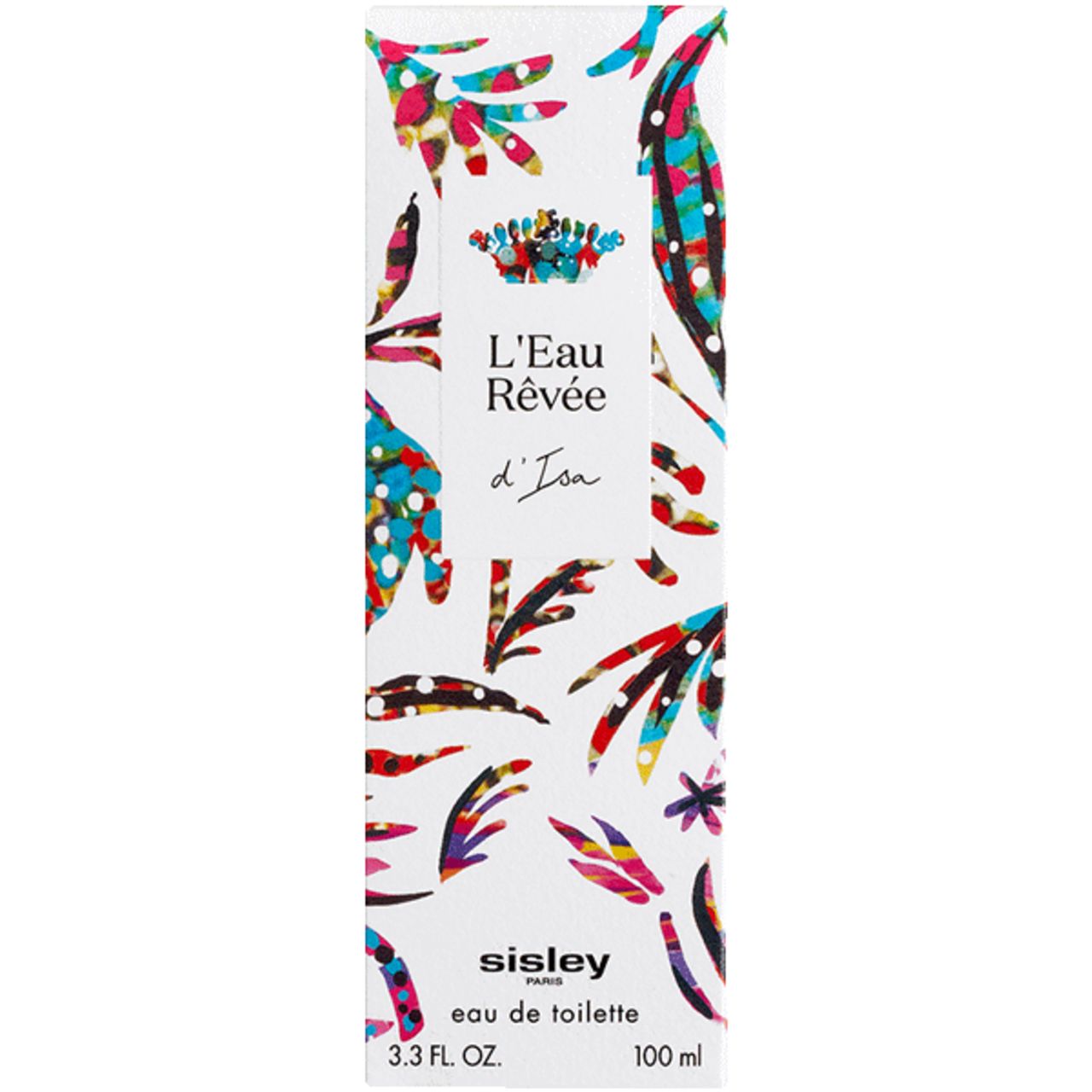 Scatola bianca con motivi floreali colorati. Scritta: L'Eau Rêvée d'Isa, Sisley, eau de toilette, 3.3 FL. OZ., 100 ml.