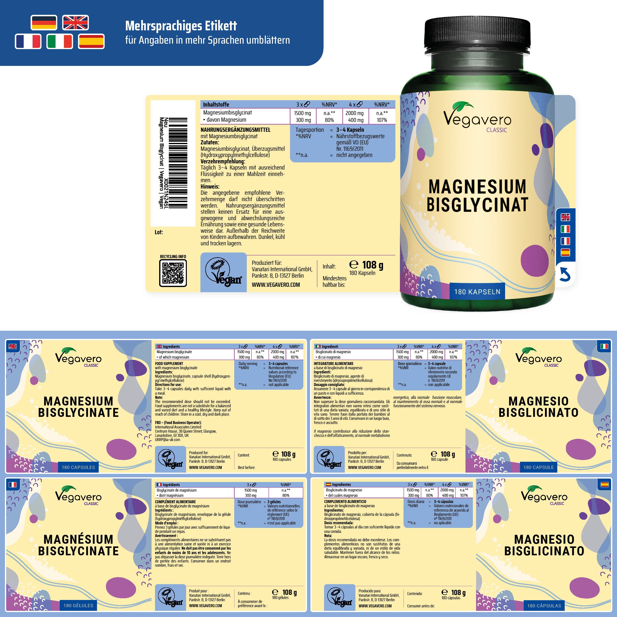 Confezione del prodotto con bottiglia ed etichetta. Scritta: Magnesium Bisglycinat, 100 capsule. Etichette multilingue.