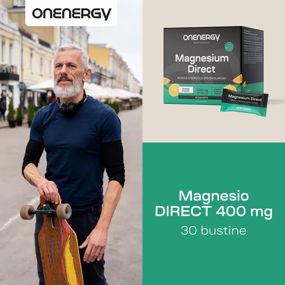 OnEnergy Magnesium Direct, 400 mg, 30 bustine. Uomo con skateboard. Arance ed elementi verdi.