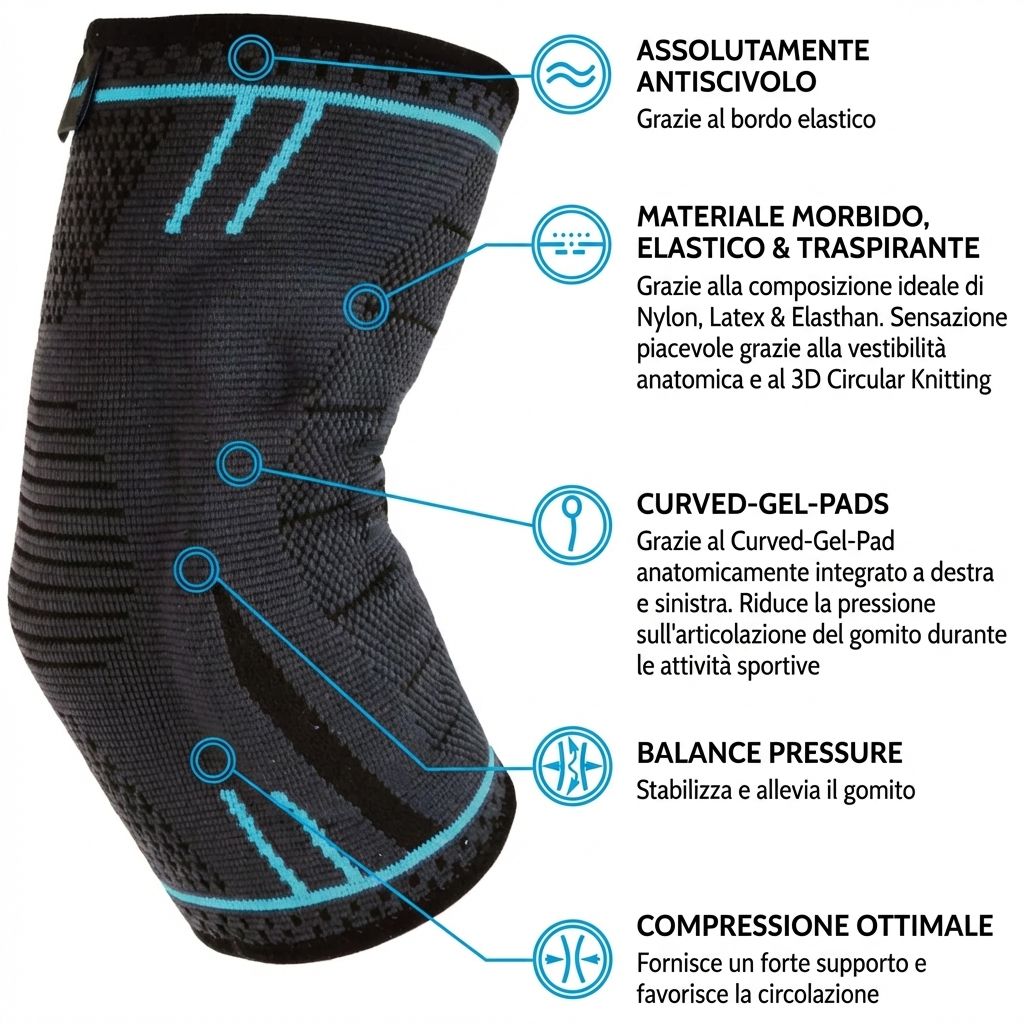 Uomo in palestra con tutore per gomito nero con dettagli blu. È di lato e si china in avanti.