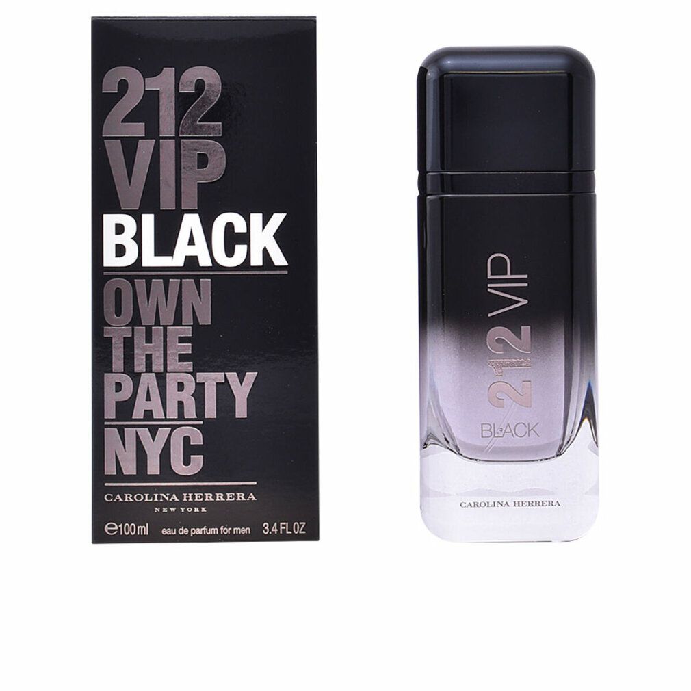 Scatola e flacone neri. Scatola con testo bianco: 212 VIP BLACK, CAROLINA HERRERA. Flacone con tappo nero.