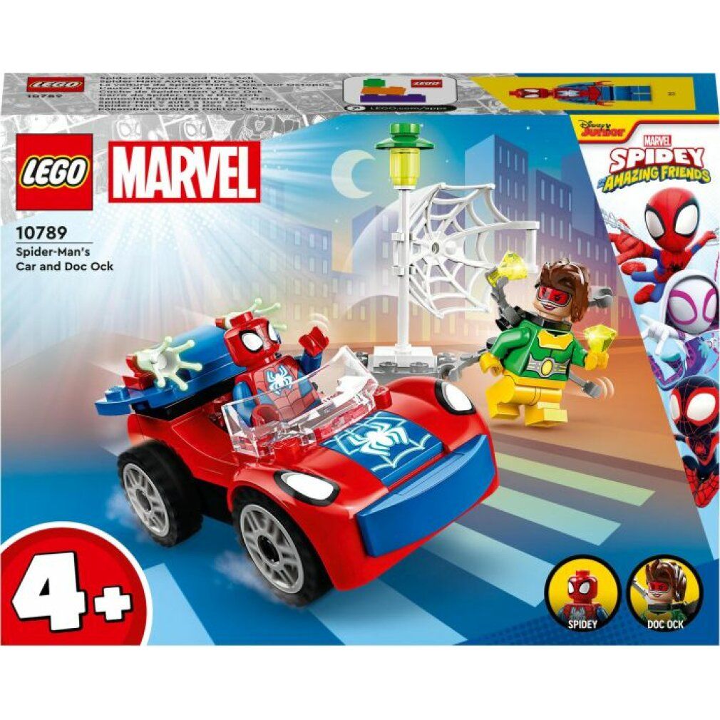 Set LEGO Marvel. Auto rossa con personaggio di Spidey. Doc Ock e logo Spidey. Età 4+. Confezione con motivi di Spidey.