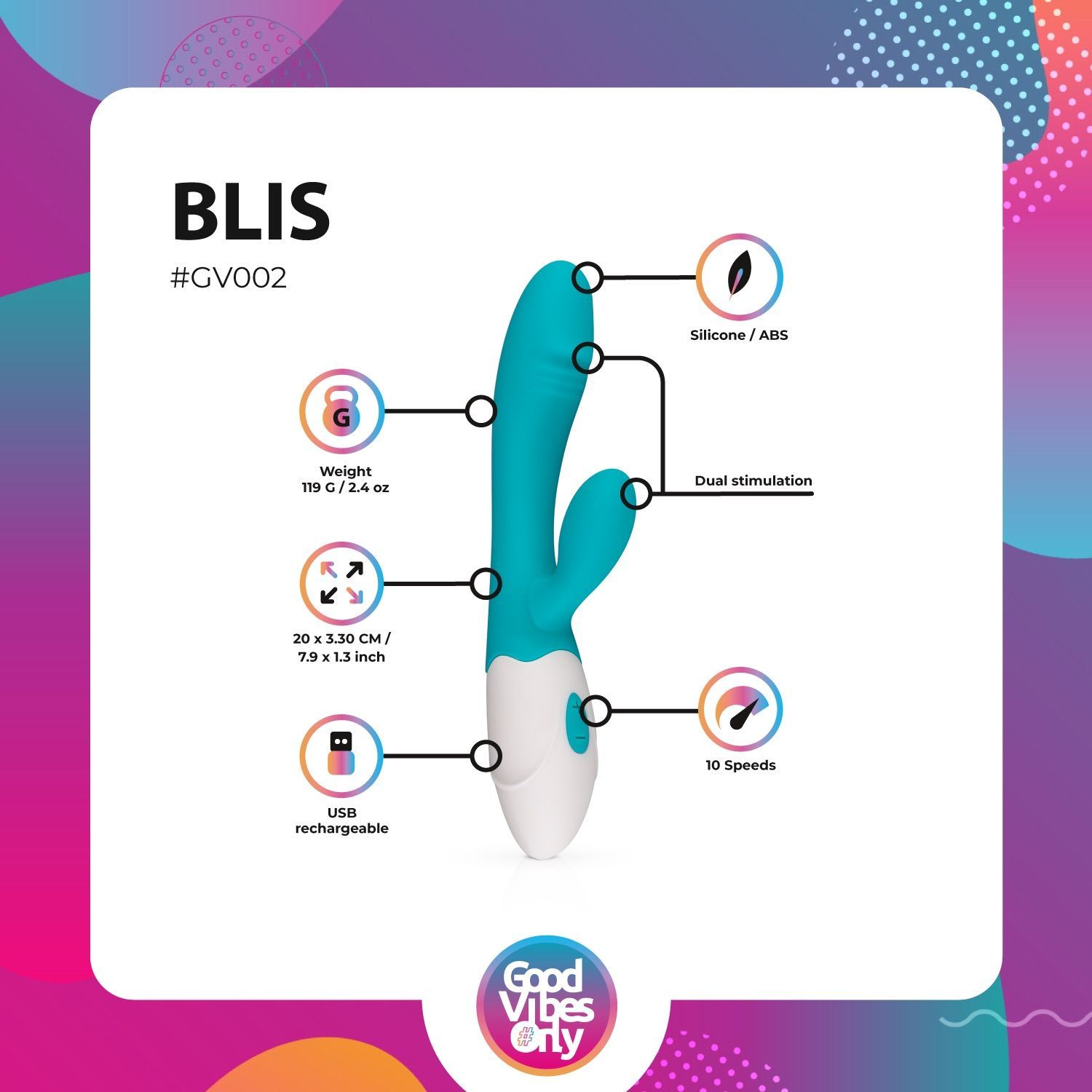 Vibratore turchese e bianco con informazioni sul prodotto. Include peso, dimensioni, materiali e funzioni.