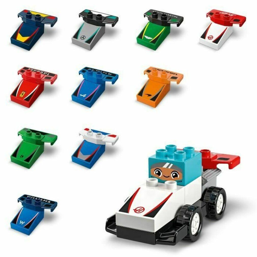 Set LEGO Duplo di auto da corsa. Include auto e parti rimovibili. Vari colori e design. Singole auto da corsa con piloti.