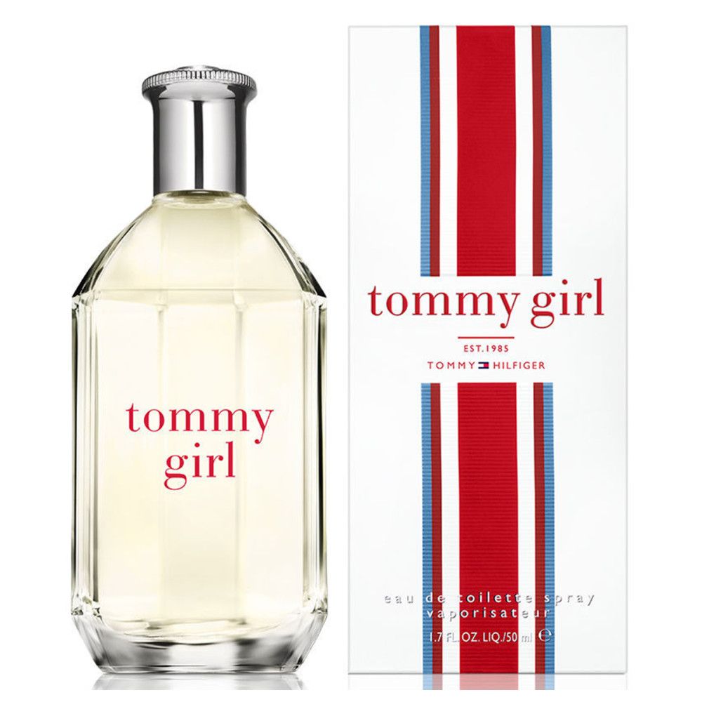 Flacone "tommy girl" e confezione. Confezione a strisce rosse e blu. "Eau de Toilette Spray".