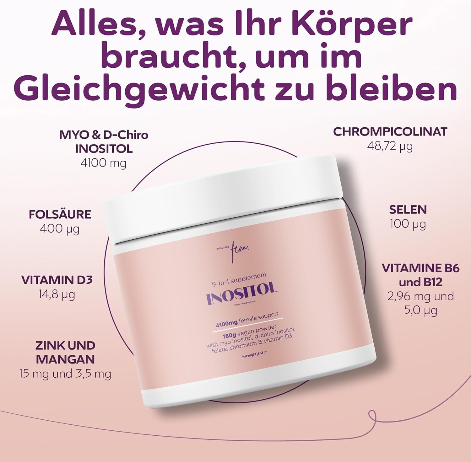 QSTA D-Chiro & Myo Inositol Polvere: barattolo con ingredienti come Myo & D-Chiro Inositolo, Folato, Vitamina D3, Zinco.
