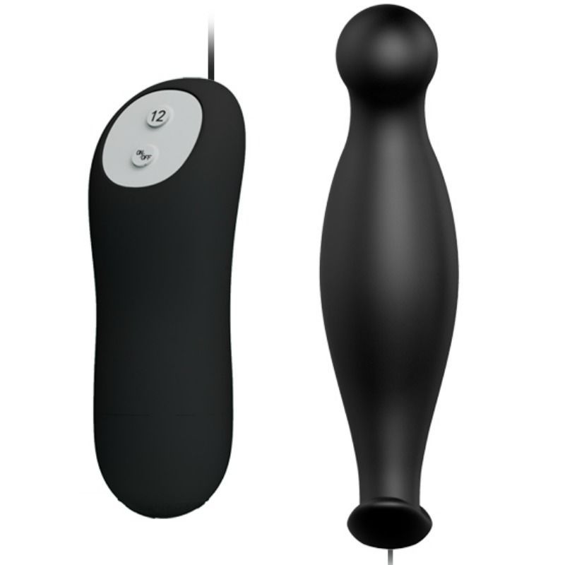 Plug anale in silicone nero con base larga e telecomando, in primo piano su sfondo bianco.