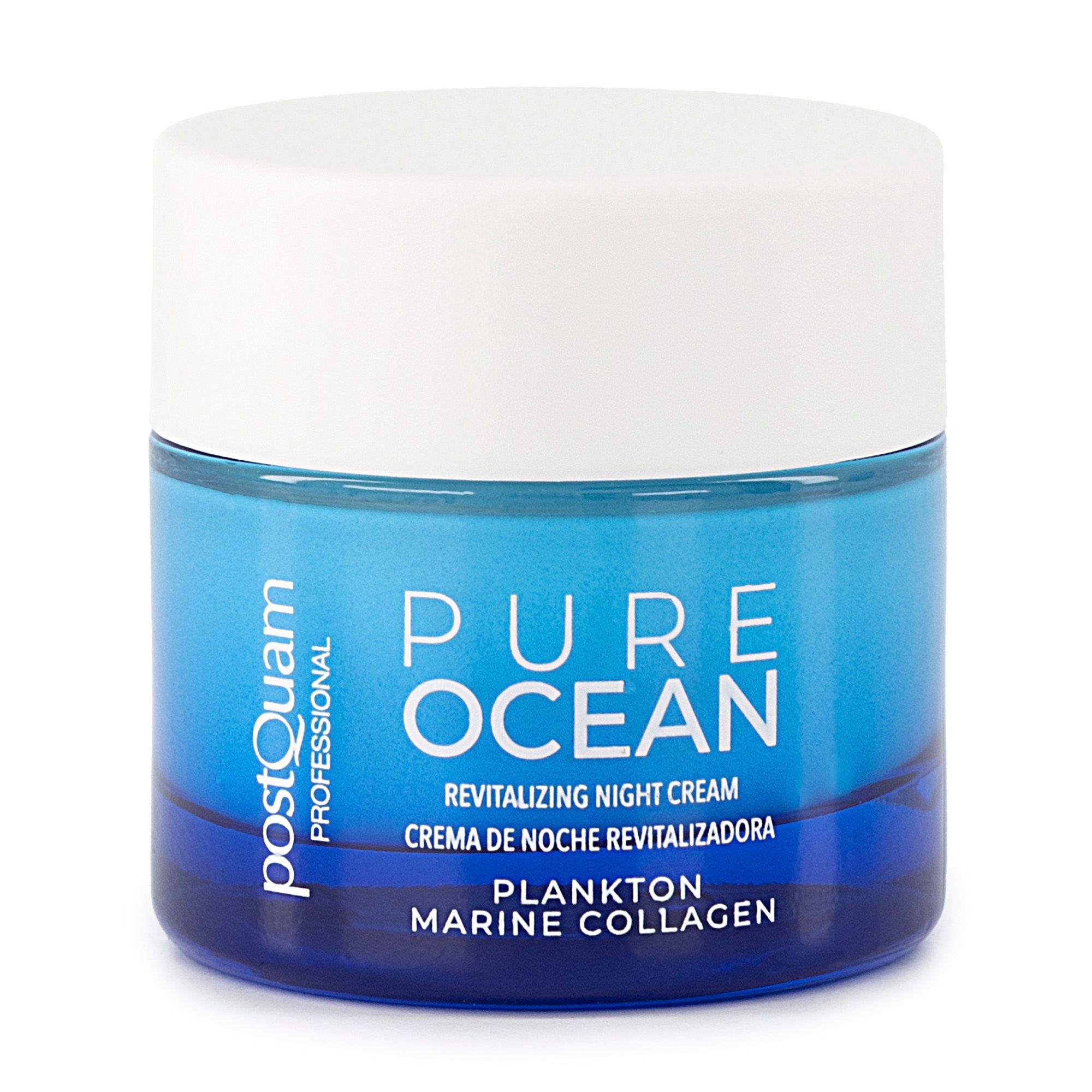 Barattolo di crema notte PostQuam blu. Scritta: Pure Ocean, Revitalizing Night Cream, Plankton Marine Collagen. Coperchio bianco.