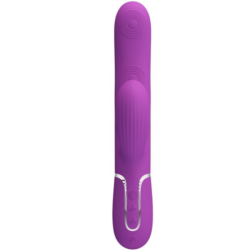 Vibratore coniglio viola, visto frontalmente, con scanalature e due stimolatori.