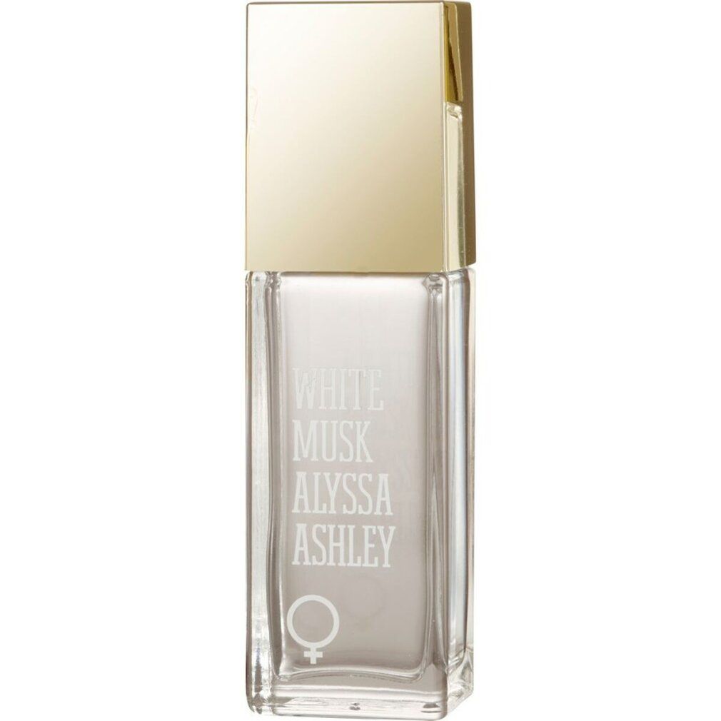 Flacone bianco con tappo dorato. Scritta: White Musk Alyssa Ashley. Con simbolo femminile.