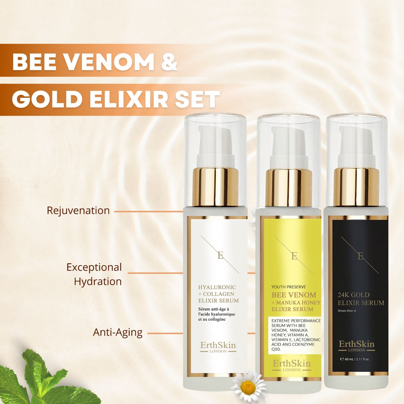Set di tre sieri elisir ErthSkin London: Acido Ialuronico + Collagene, Veleno d'api + Miele di Manuka, Oro 24K.