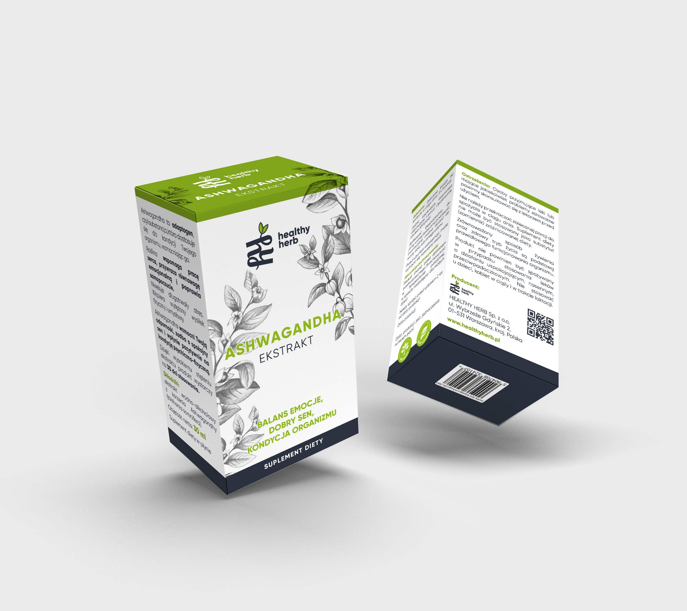 Confezione Adaptogen Ashwagandha Extrakt. Design verde e bianco con nome e logo del prodotto. Due viste della confezione.