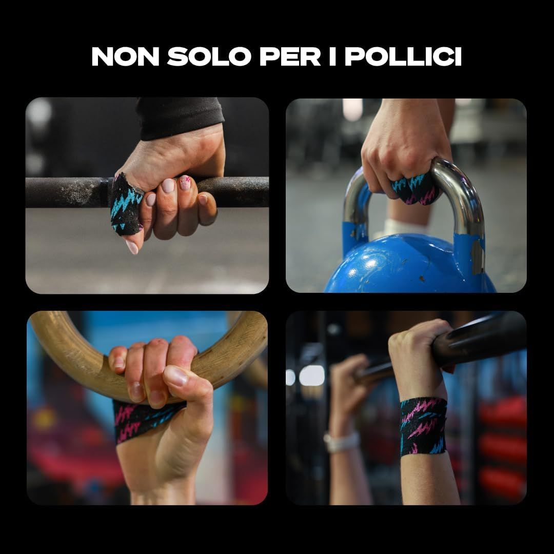 Rotolo di nastro per pollice nero con motivo a fulmine blu e rosa, vista dettagliata.
