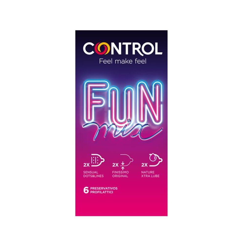 Confezione di preservativi Control Fun Mix, 6 pezzi. Include 2x Sensual Dots&Lines, 2x Finissimo Original, 2x Nature Xtra Lube.