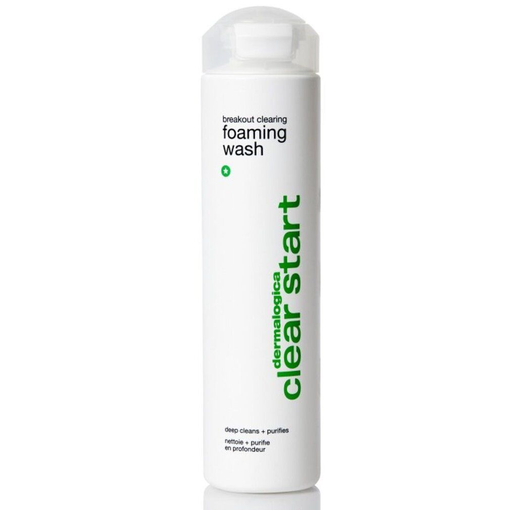 Prodotto cilindrico bianco con stampa verde. Scritte: Breakout Clearing Foaming Wash, Clear Start, Dermalogica. Tappo trasparente.