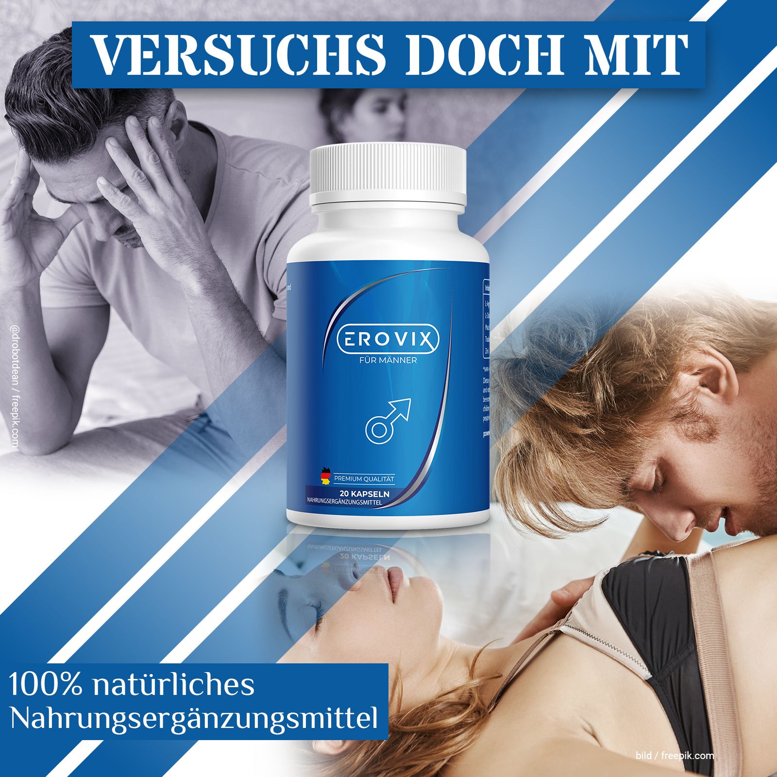 Flacone blu Erovix per uomini. Contiene capsule. Testo: Integratore alimentare naturale al 100%. Simbolo maschile. Bandiera tedesca.