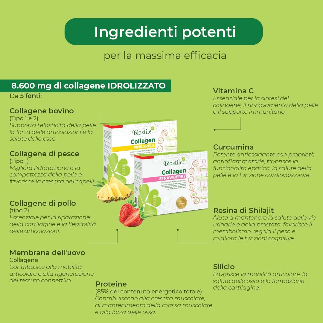 Infografica con ingredienti: collagene bovino, collagene di pesce, collagene di pollo, membrana di guscio d'uovo.